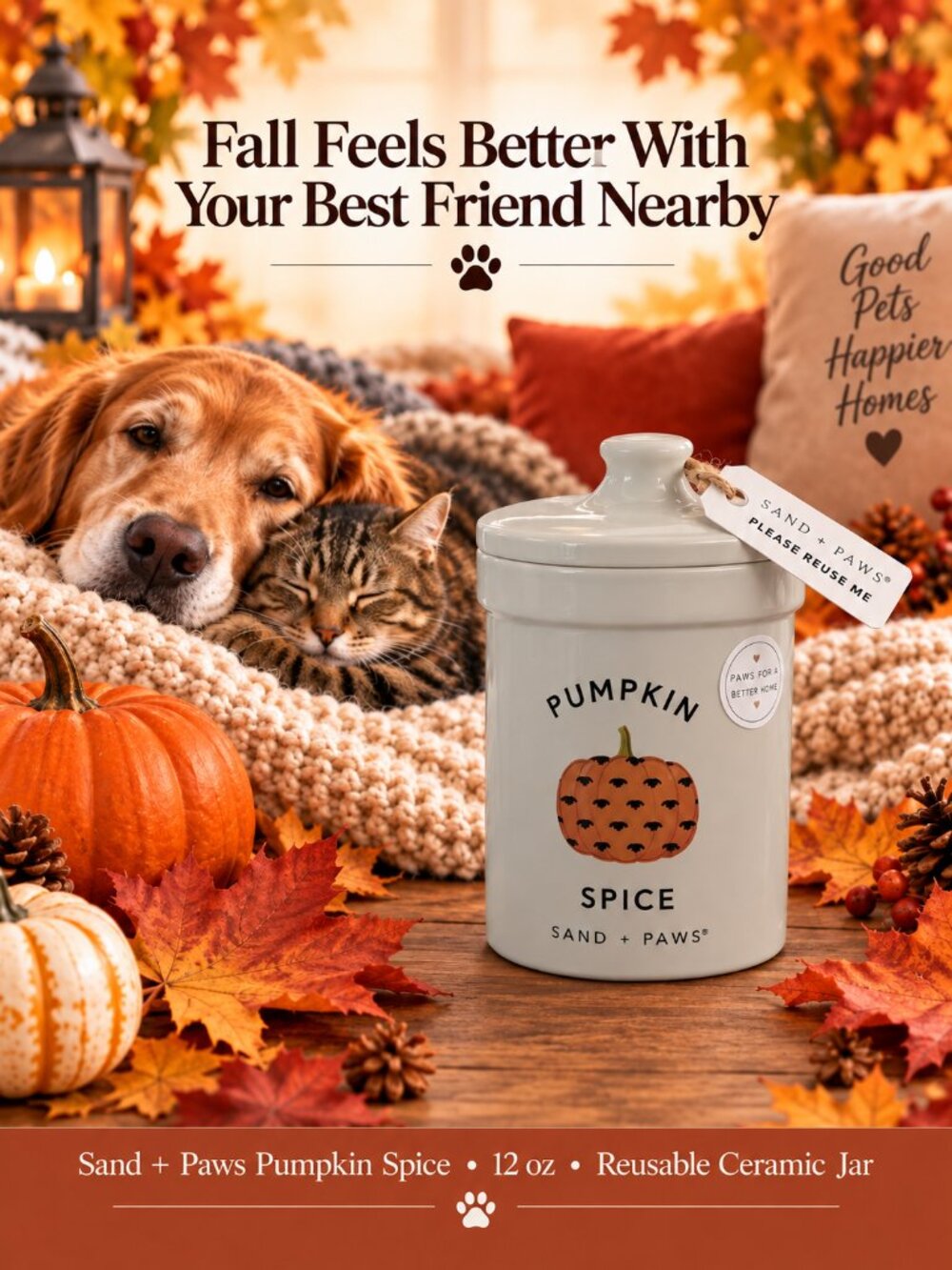 NEW Sand+Paws Pumpkin Spice 12 oz Candle Reusable Ceramic Jar Pet Lover Gift